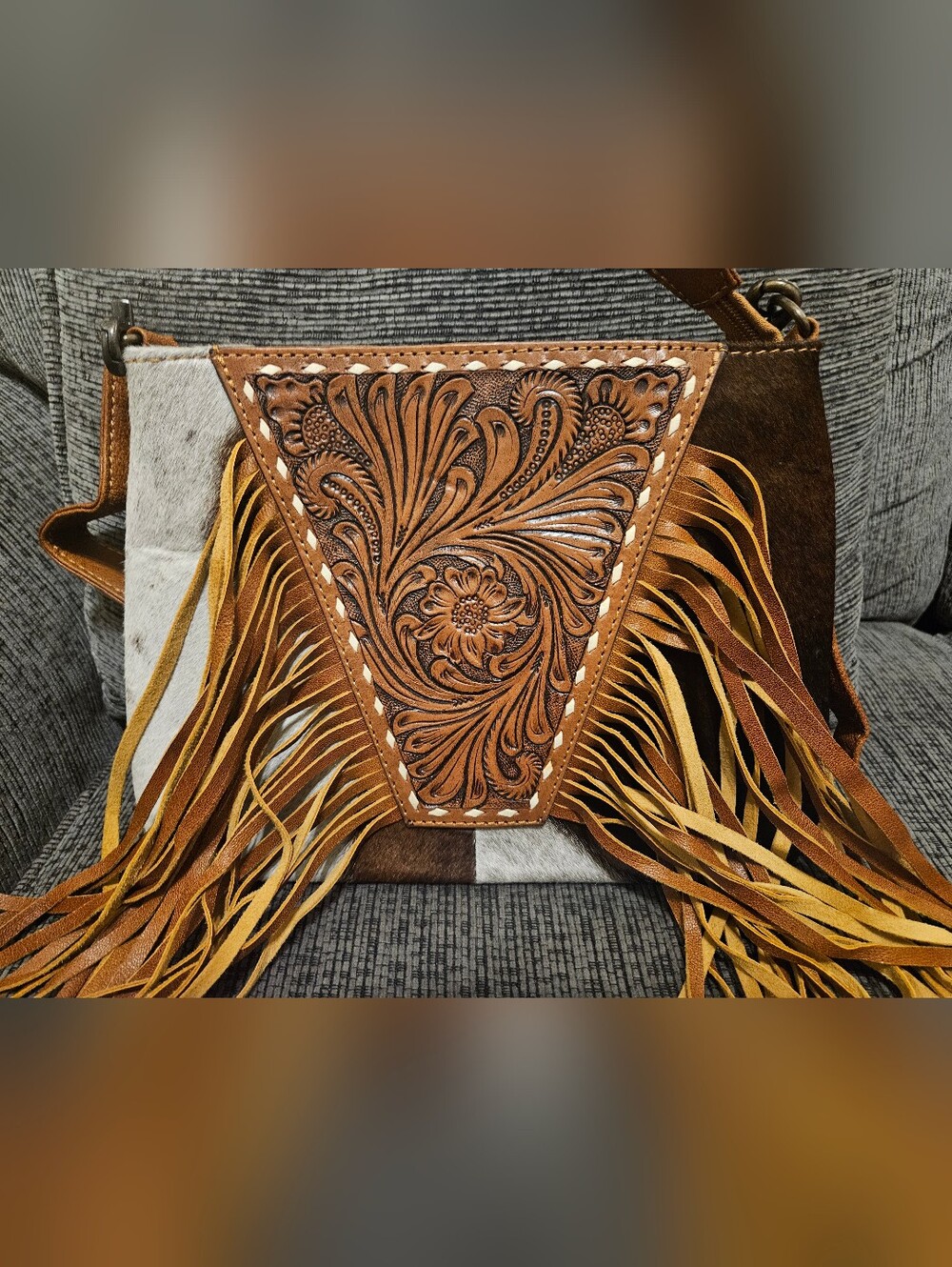 Handcrafted Brown Tooled Leather Fringe Crossbody Bag